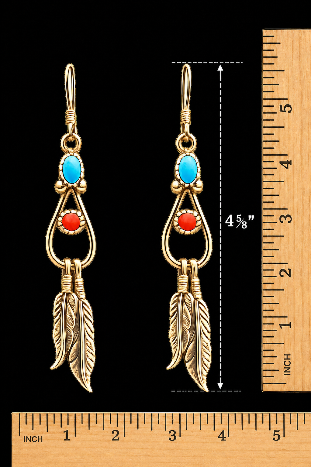 Turquoise & Coral Feather Earrings: Navajo Handmade by Robert Martinez
