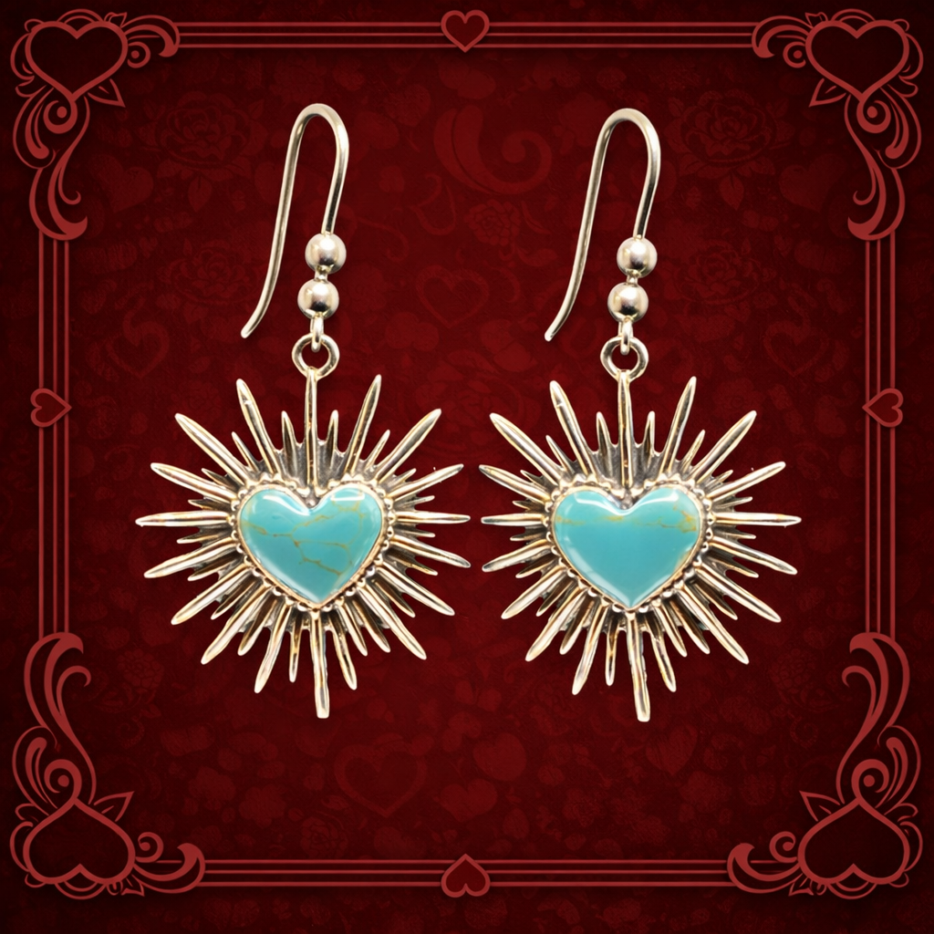 Bursting Sacred Heart Earrings in Turquoise