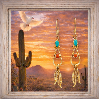Turquoise & Coral Feather Earrings: Navajo Handmade by Robert Martinez