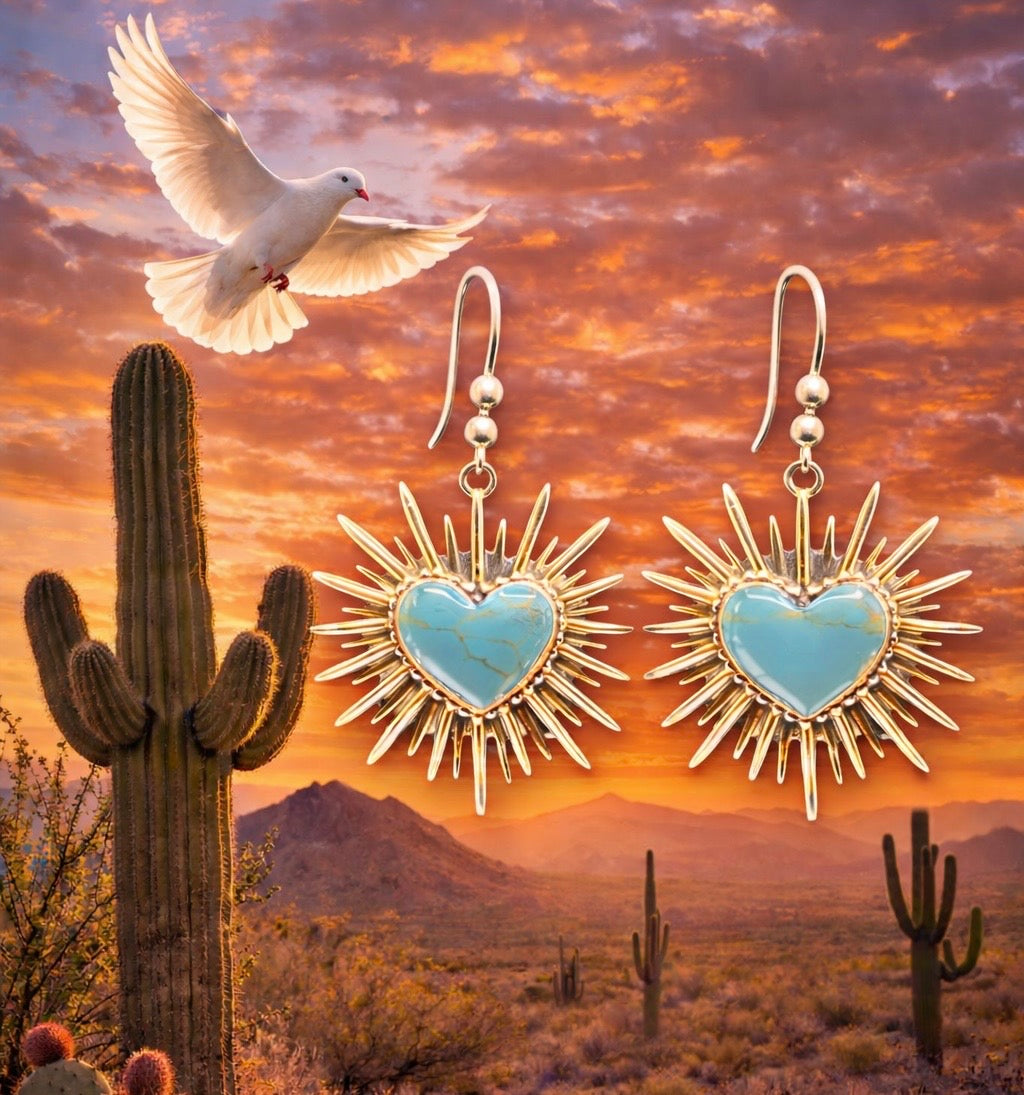 Bursting Sacred Heart Earrings in Turquoise