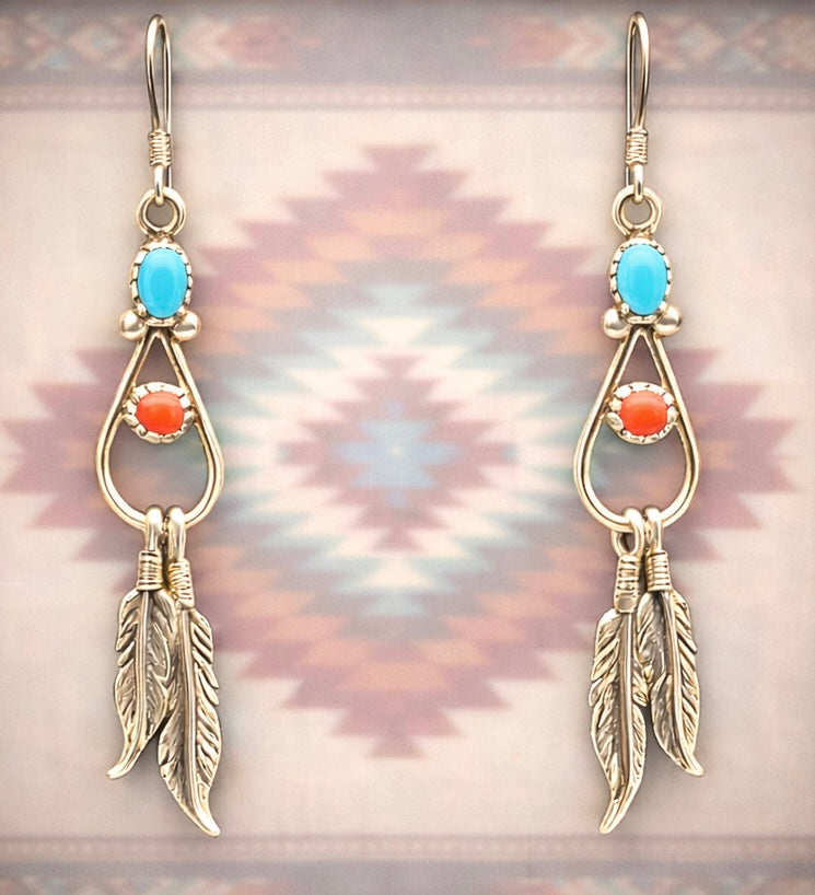 Turquoise & Coral Feather Earrings: Navajo Handmade by Robert Martinez